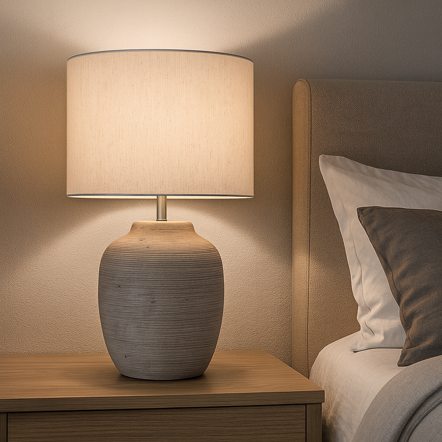Ceramic table lamp with textured base and fabric shade, 44.5cm tall and 30cm wide, styled on a wooden bedside table in a modern bedroom