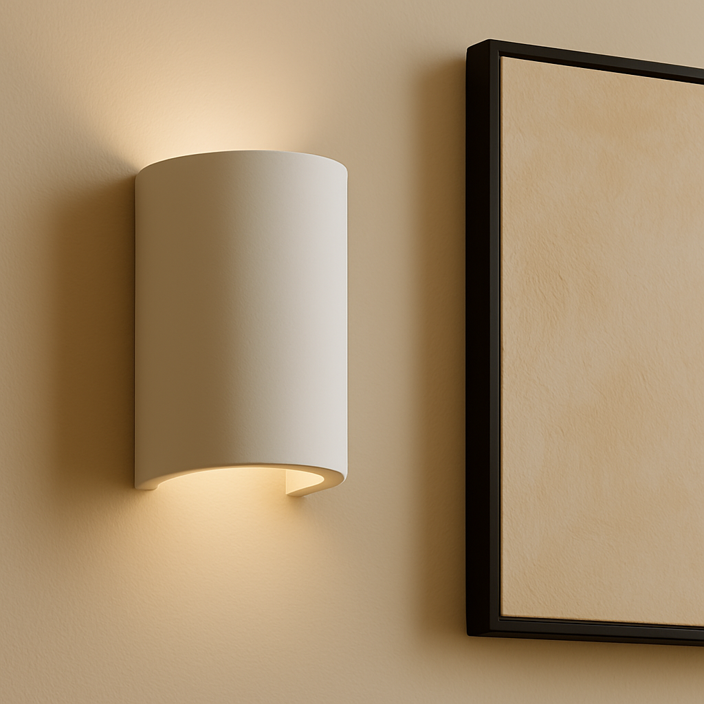 Beige wall sconce on a beige wall with a framed picture.