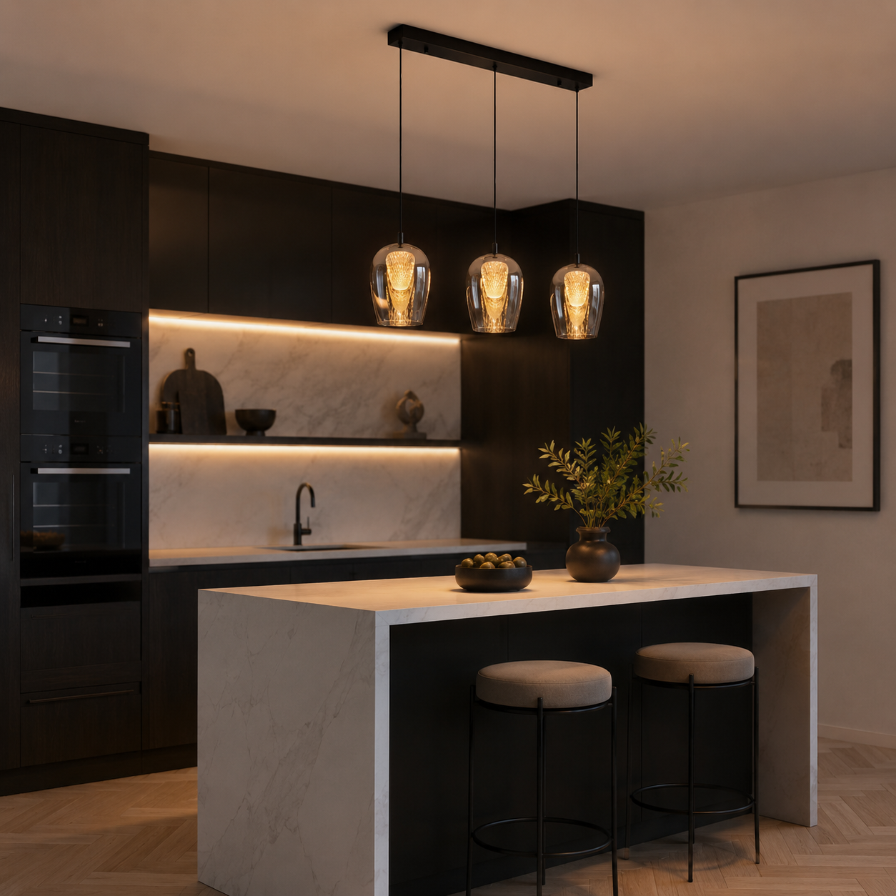 Cobar 3 light kitchen island pendant bar with smoked glass shades and warm white illumination in a luxury modern kitchen.