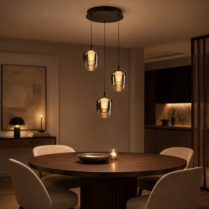 Cobar 3 light 2700K spiral pendant over round dining table