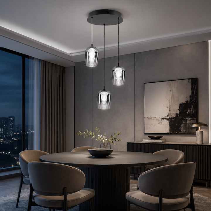 Cobar 3 light 4000K spiral pendant over round dining table