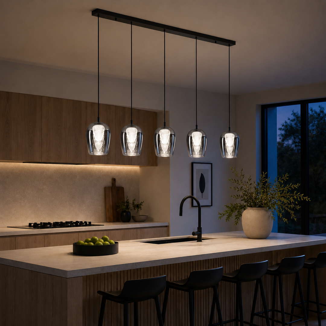 Cobar 5 light 4000K island pendant at dusk