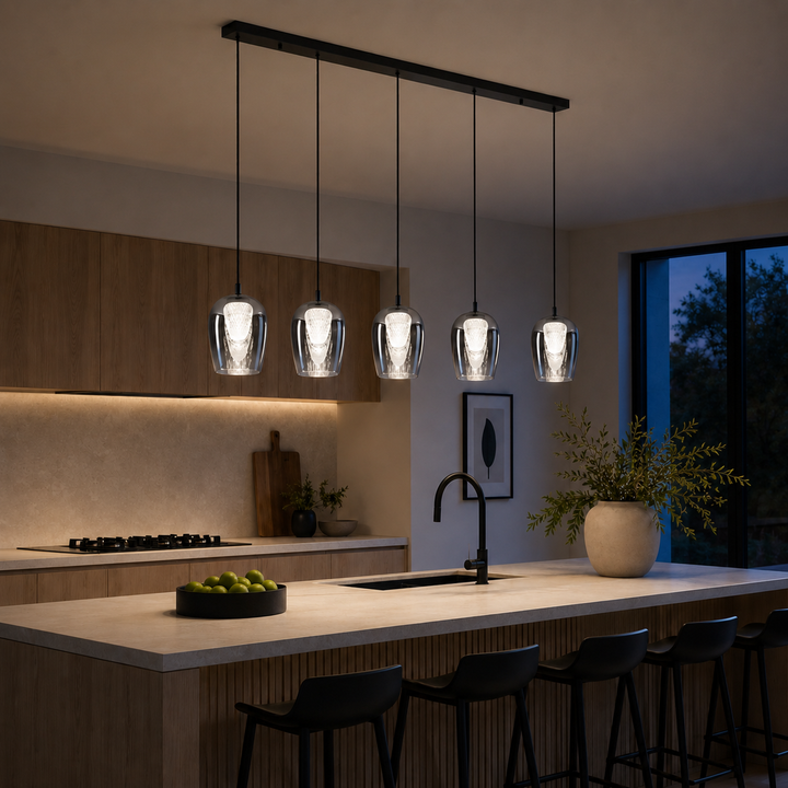 Cobar 5 light 4000K island pendant at dusk