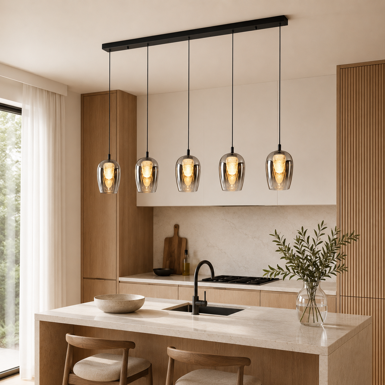 Cobar 5 light warm white island pendant angled