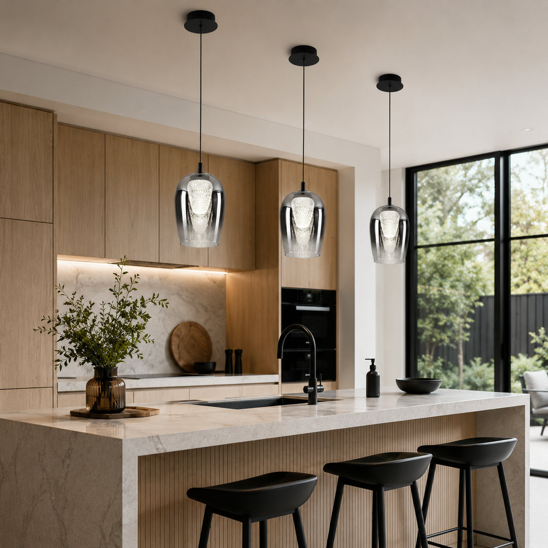 Cobar 4000K pendants over angled kitchen island