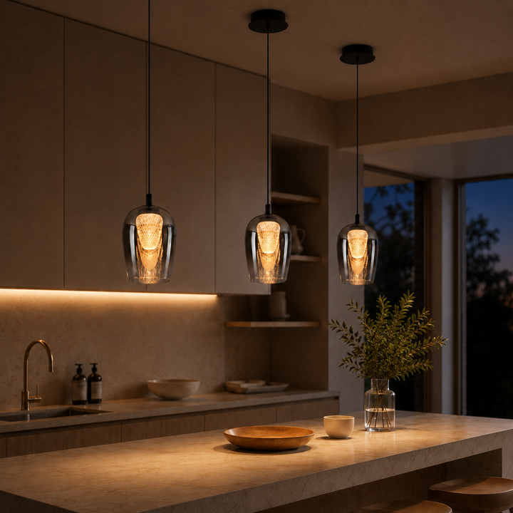 Cobar warm white pendants over kitchen island at dusk