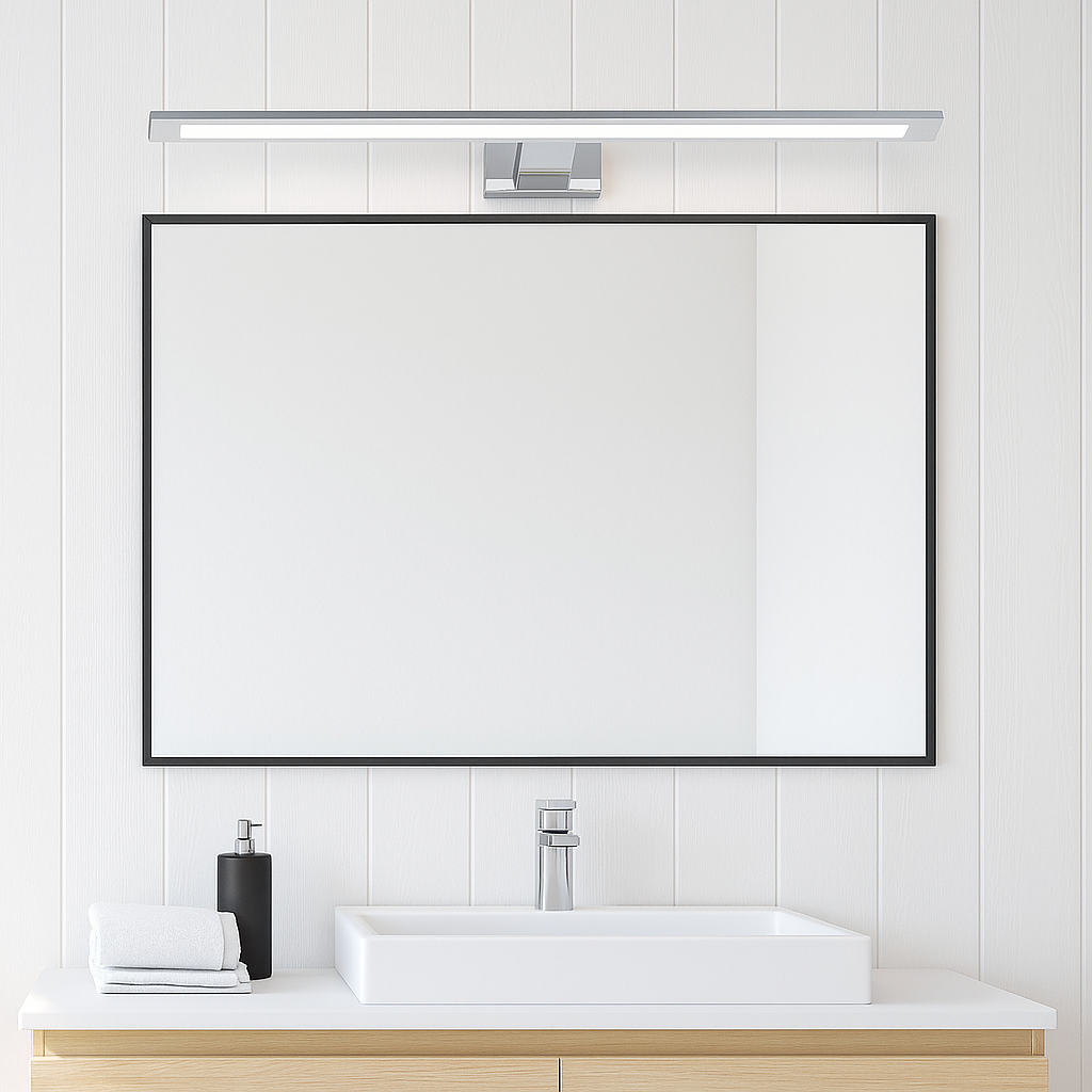 Chrome 60cm Cologne bathroom wall light mounted above a mirror in a light and airy bathroom.