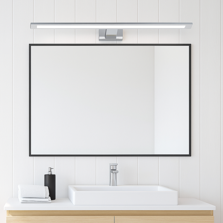 Chrome 60cm Cologne bathroom wall light mounted above a mirror in a light and airy bathroom.