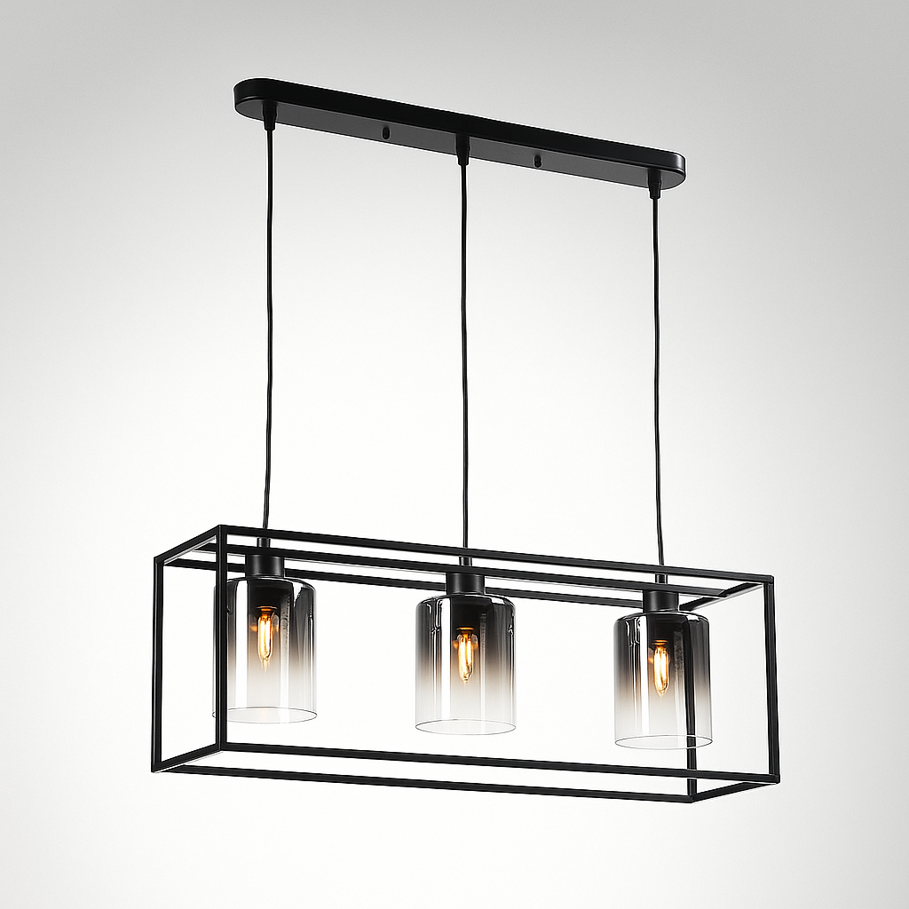 Black frame pendant light with three smoked glass shades