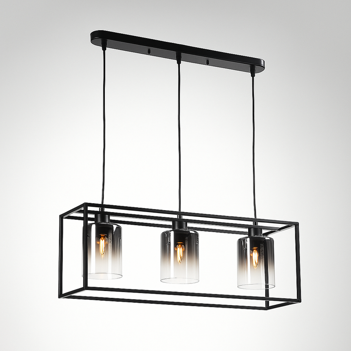 Black frame pendant light with three smoked glass shades
