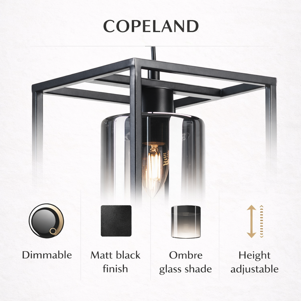 Copeland pendant key features dimmable matt black ombre glass