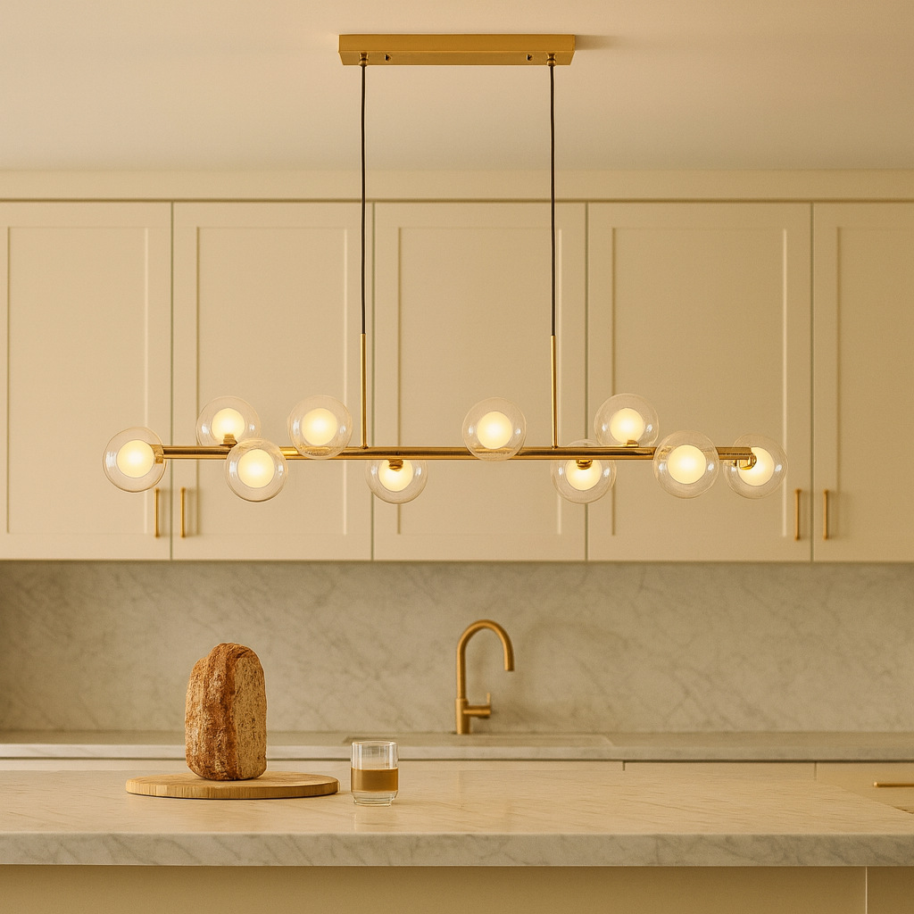 Luxury kitchen with cream cabinets, gold handles, marble countertop, and a 115cm gold pendant bar light with glass globe shades hanging above the island.