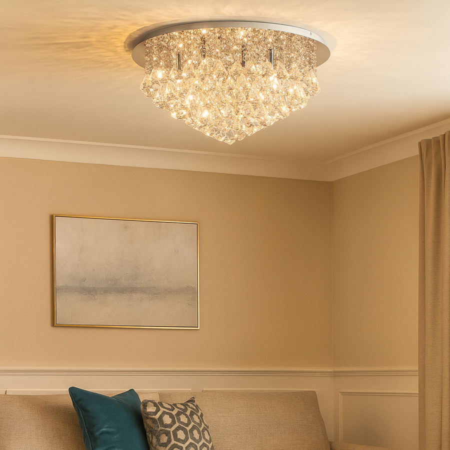 Large crystal flush ceiling light with cascading prisms in a modern living room setting