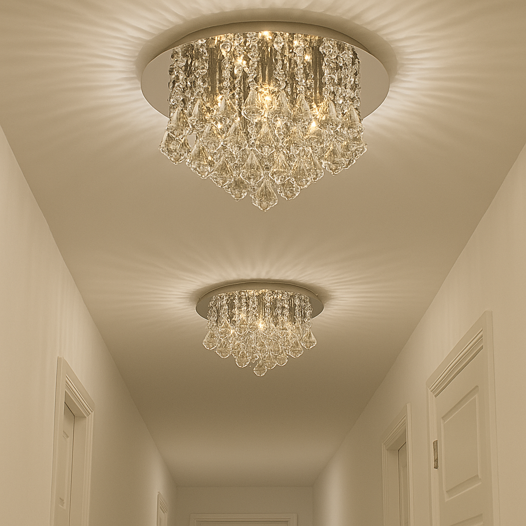 Two crystal flush ceiling lights spaced along a modern hallway with warm light patterns on the ceiling