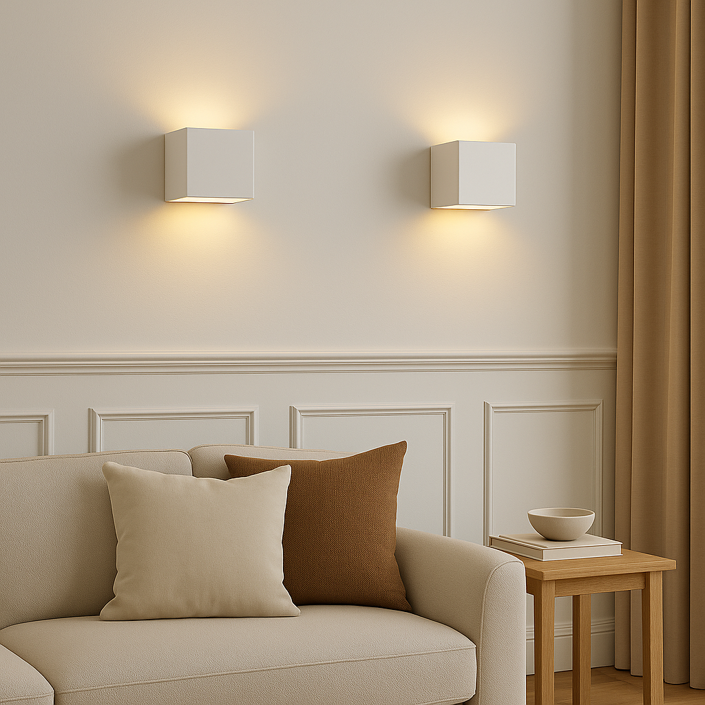 Pair of cube ceramic wall lights glowing softly above a neutral sofa in a luxury living room with white panelled walls, beige curtains, and Scandi-inspired styling