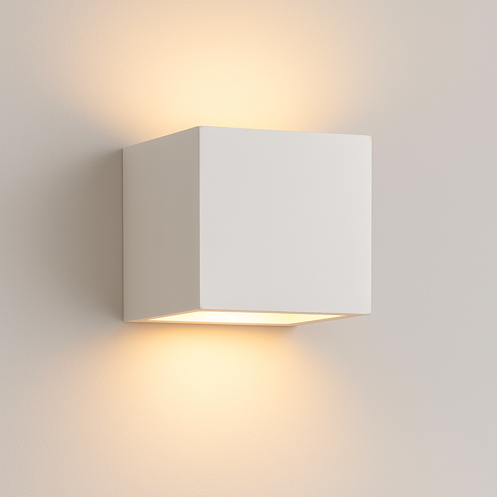 Cube-shaped ceramic wall light with smooth white finish and warm glow shining upwards and downwards on a clean white background