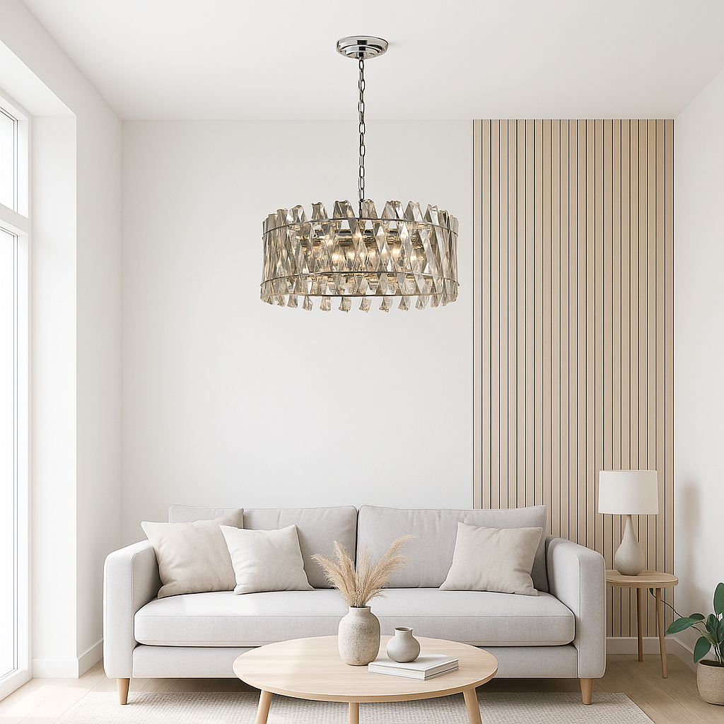 Devonport large clear chandelier in high ceiling living room