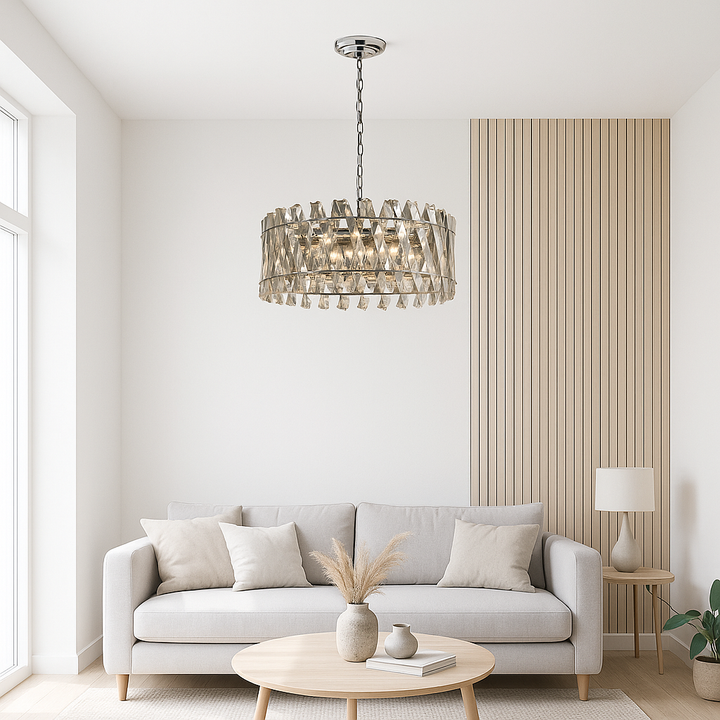 Devonport large clear chandelier in high ceiling living room