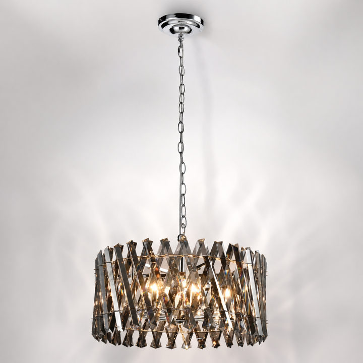 Devonport large smoked crystal chandelier 50cm in polished chrome with smoked faceted crystals on a white background.