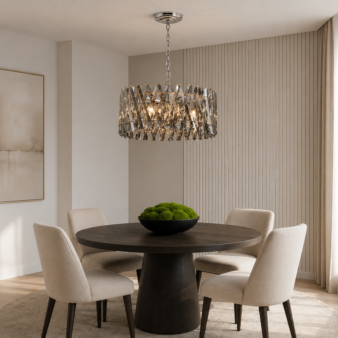 Devonport large 50cm smoked crystal chandelier hung above a round dining table in a modern neutral dining room.