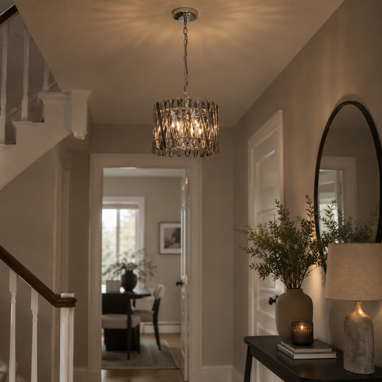Devonport small smoked crystal chandelier in a softly lit hallway with polished chrome chain and warm illumination
