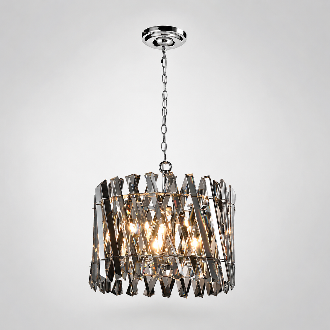 Devonport small polished chrome chandelier with smoked crystal prisms and warm illuminated bulbs