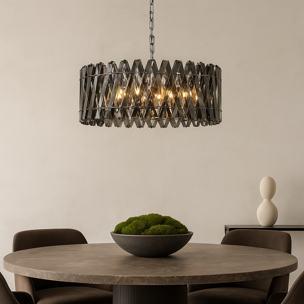 Devonport XL smoked crystal chandelier above round dining table in modern luxury interior.