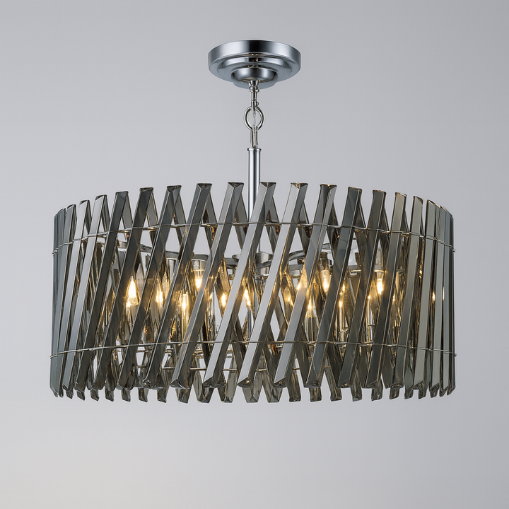 Devonport XL smoked crystal flush chandelier with chrome frame, 65cm wide, shown against a clean soft grey background with daylight glow.