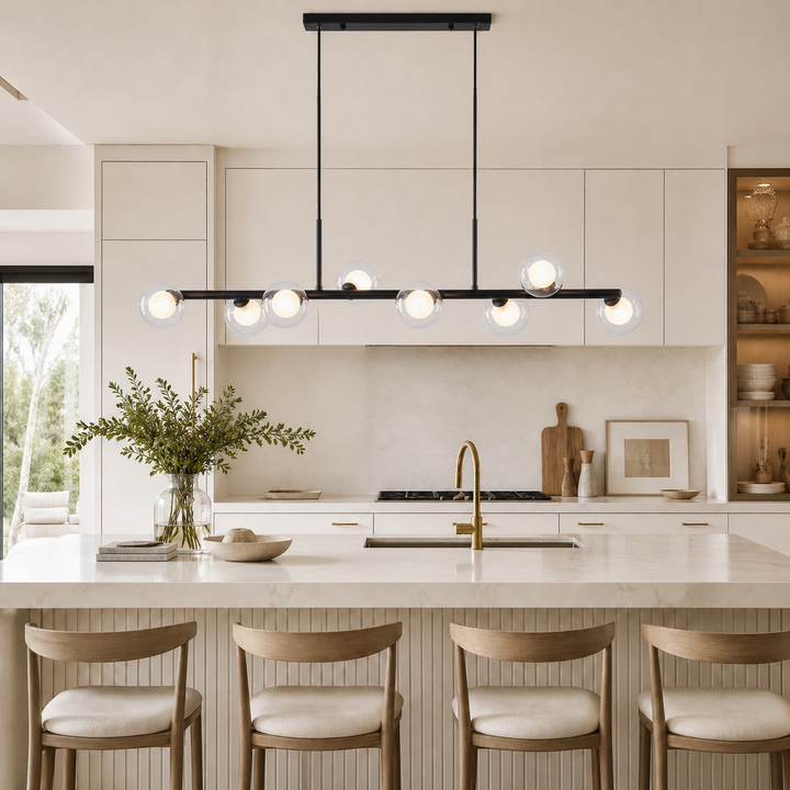 Eden black globe pendant above kitchen island