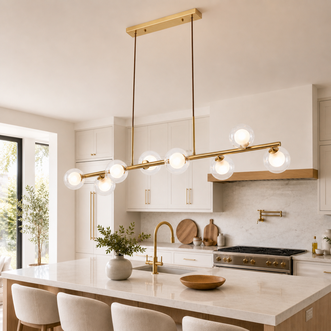 Eden gold pendant above kitchen island