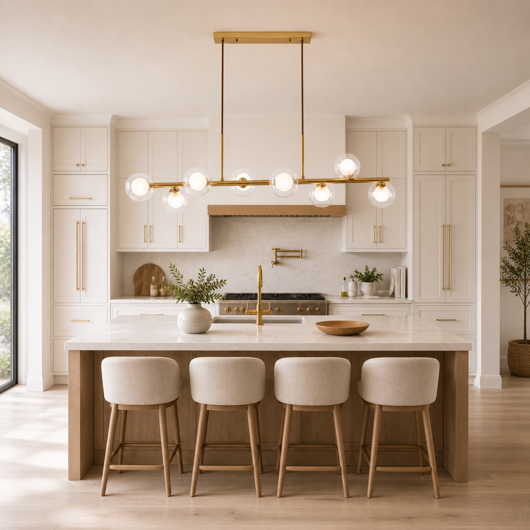 Eden gold linear pendant above kitchen island