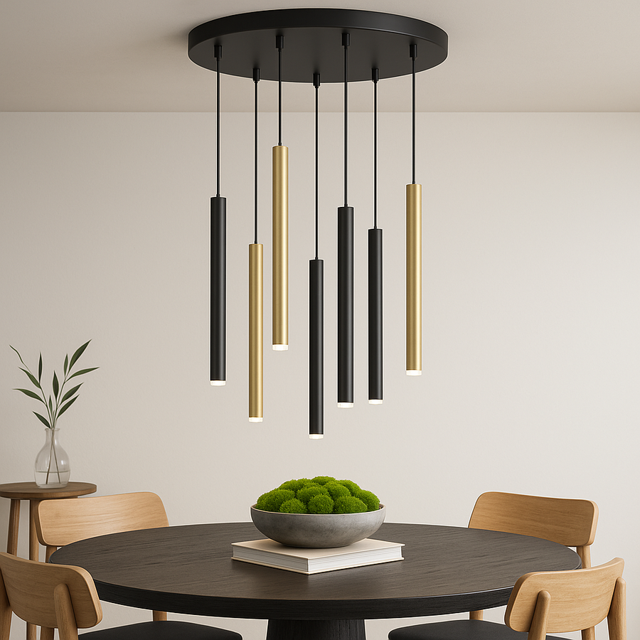 Luxury 7 light black and gold round pendant hanging above a dark round dining table with moss bowl centerpiece