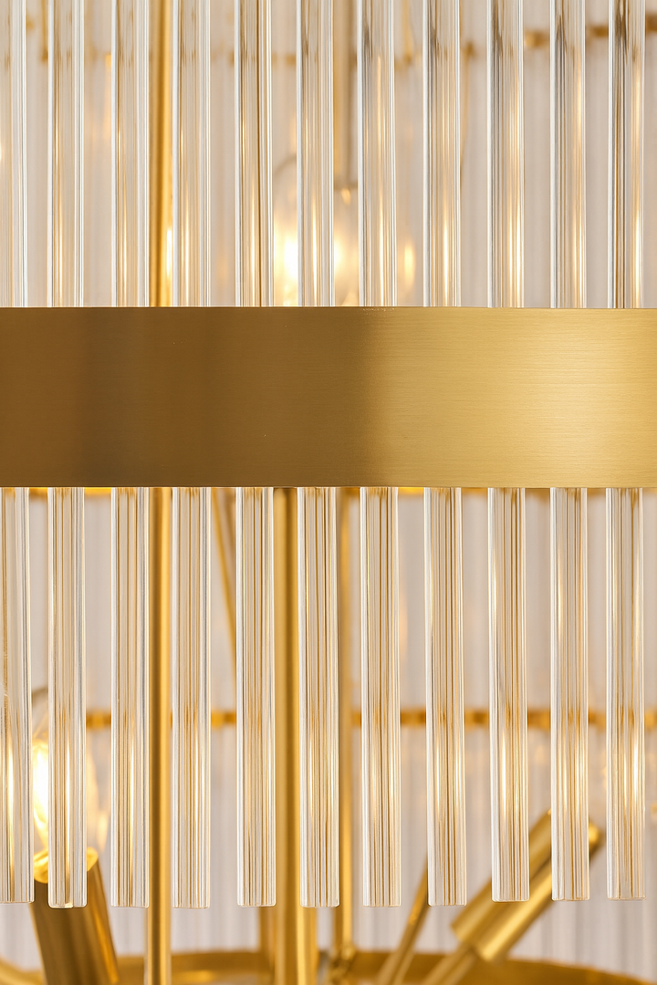 Close up of Euston large gold glass chandelier rods