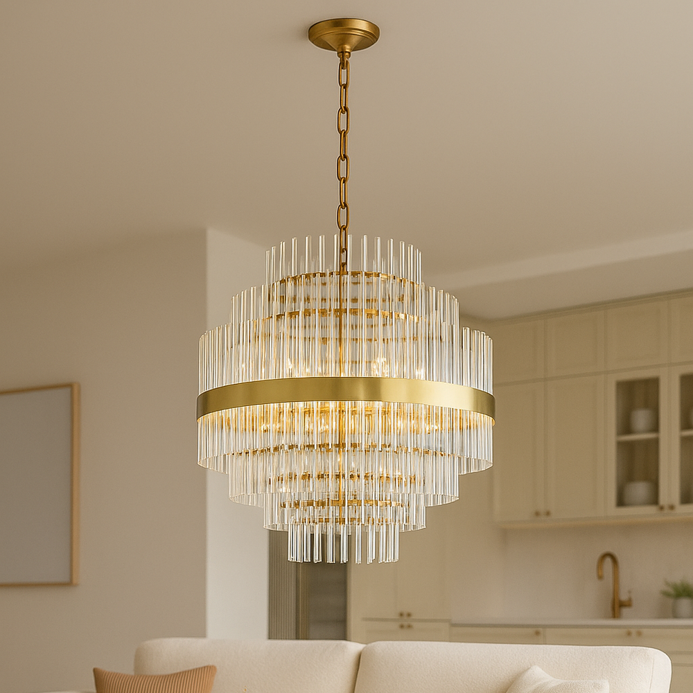 Large gold chandelier for contemporary interiors