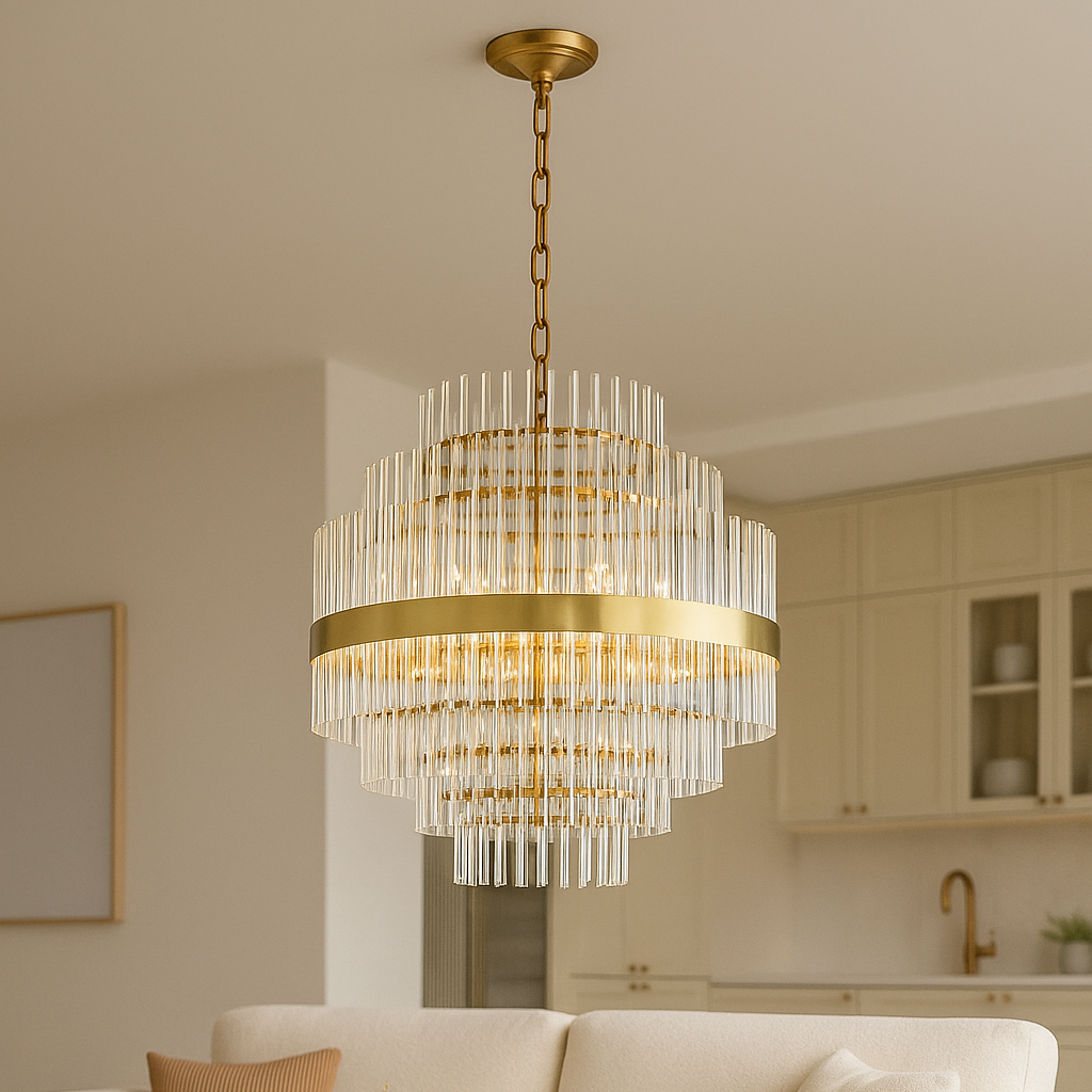 Large gold chandelier for contemporary interiors