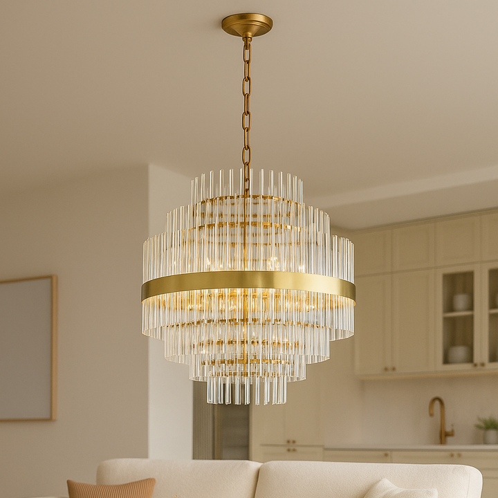 Large gold chandelier for contemporary interiors