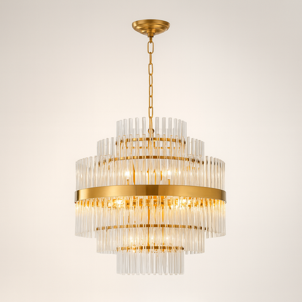 Euston large gold and glass chandelier lights on