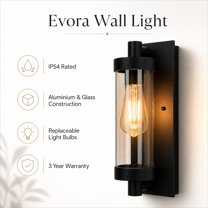 Evora black outdoor wall light infographic