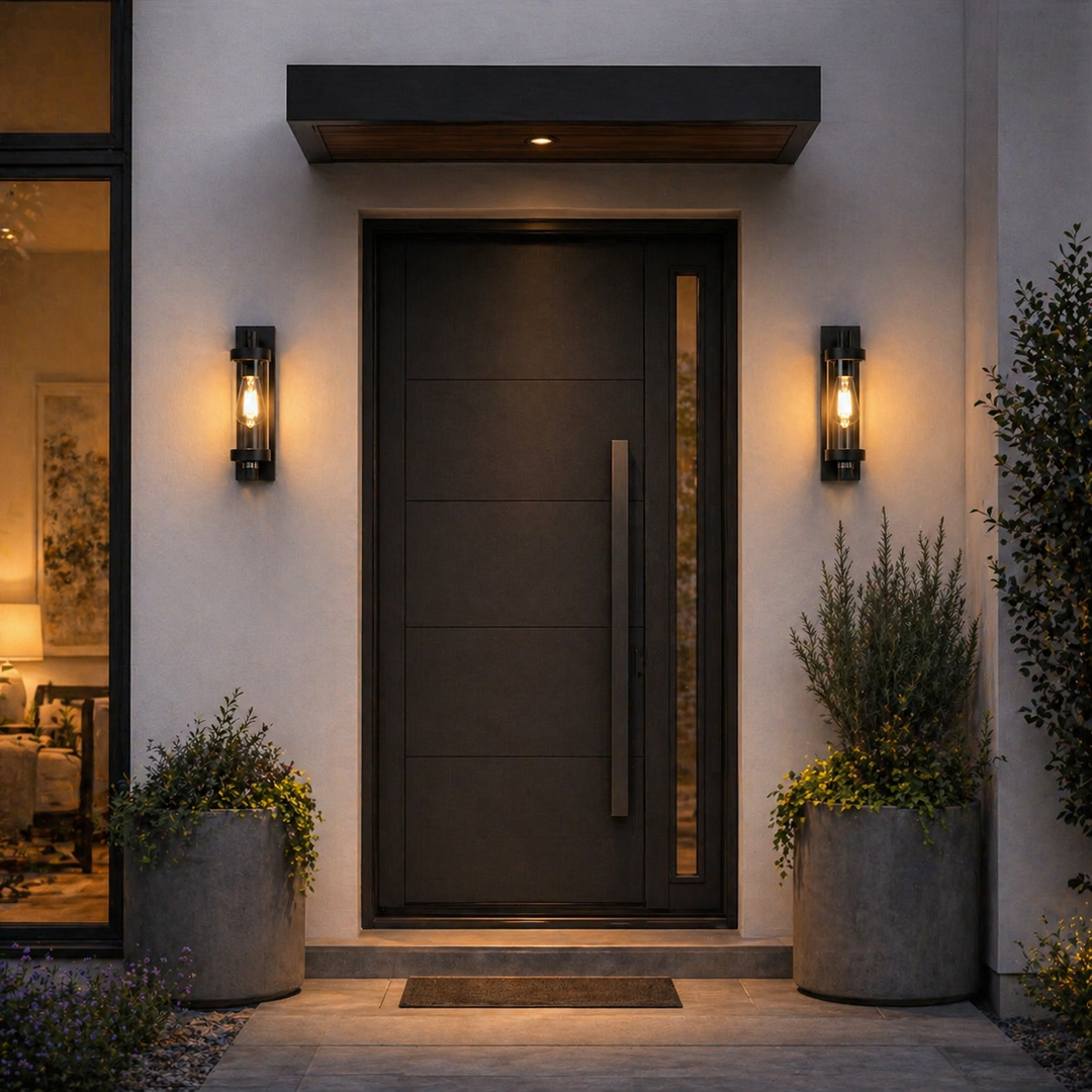 Evora black outdoor wall lights beside modern door
