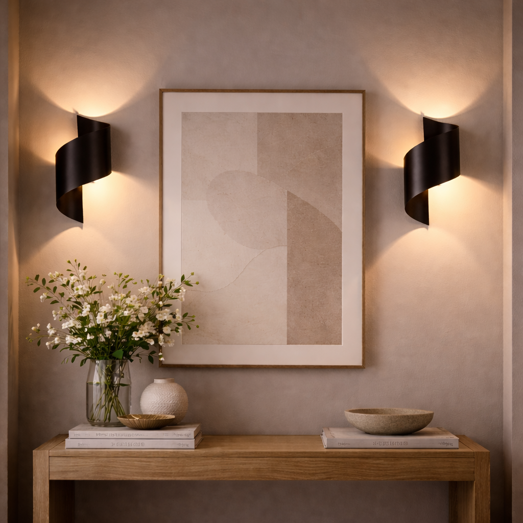 black metal wall lights hallway ambient glow
