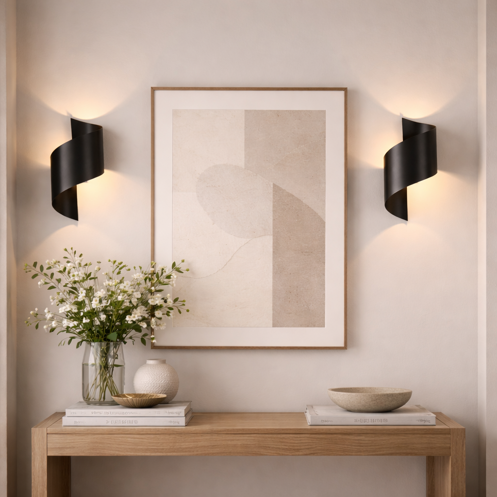 pair of black metal wall lights hallway
