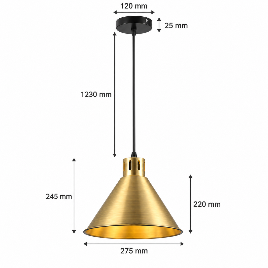 Faro brass pendant dimensions showing a 275mm shade width, 245mm overall shade height, 220mm cone height, 1230mm suspension and 120mm ceiling rose width.