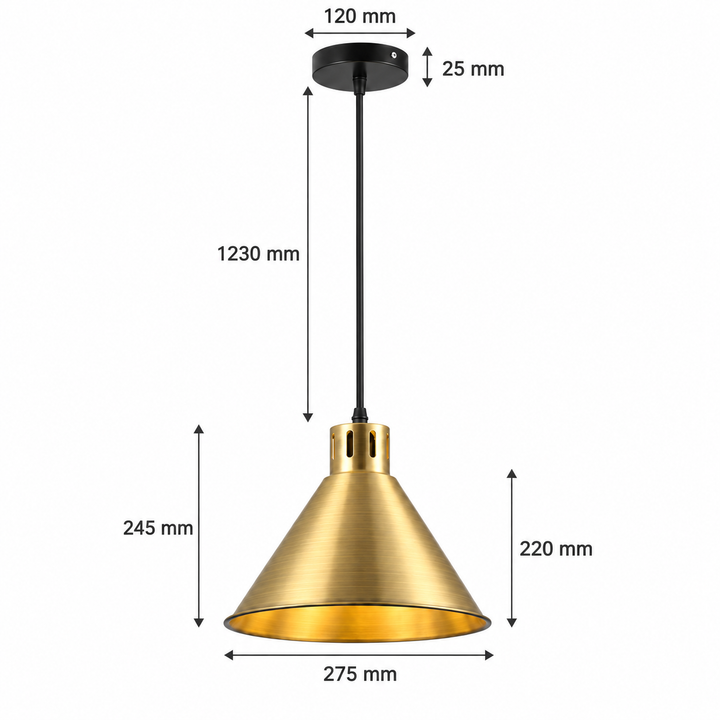 Faro brass pendant dimensions showing a 275mm shade width, 245mm overall shade height, 220mm cone height, 1230mm suspension and 120mm ceiling rose width.