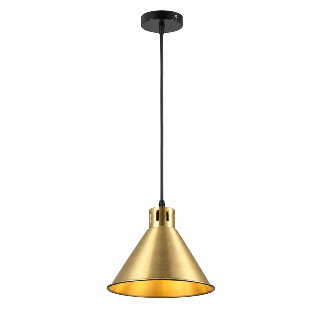 Faro brushed brass pendant light with a cone-shaped shade, slotted detailing and long black suspension cable on a white background.