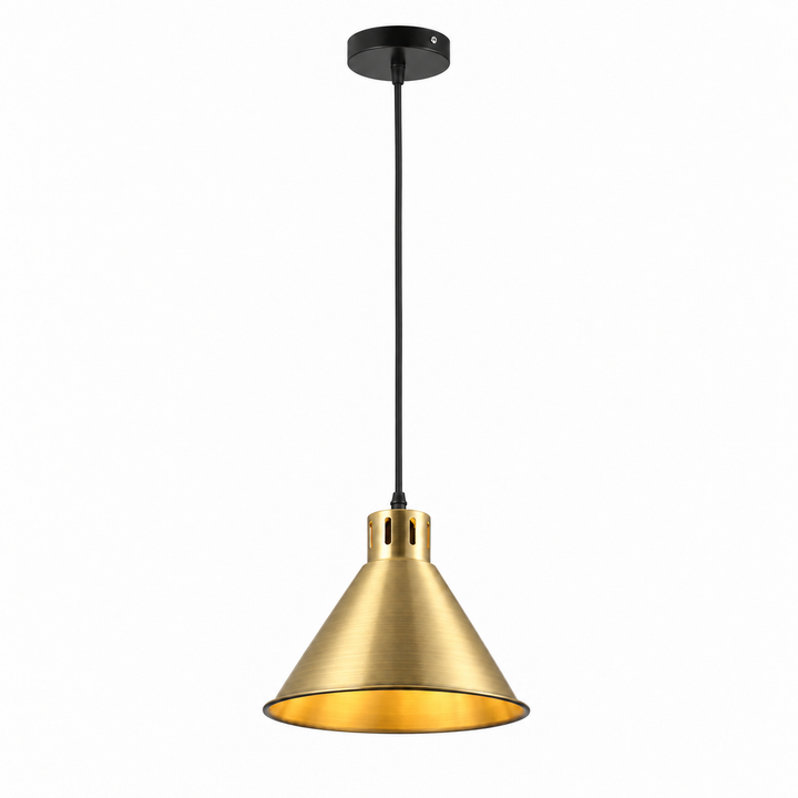Faro brushed brass pendant light with a cone-shaped shade, slotted detailing and long black suspension cable on a white background.
