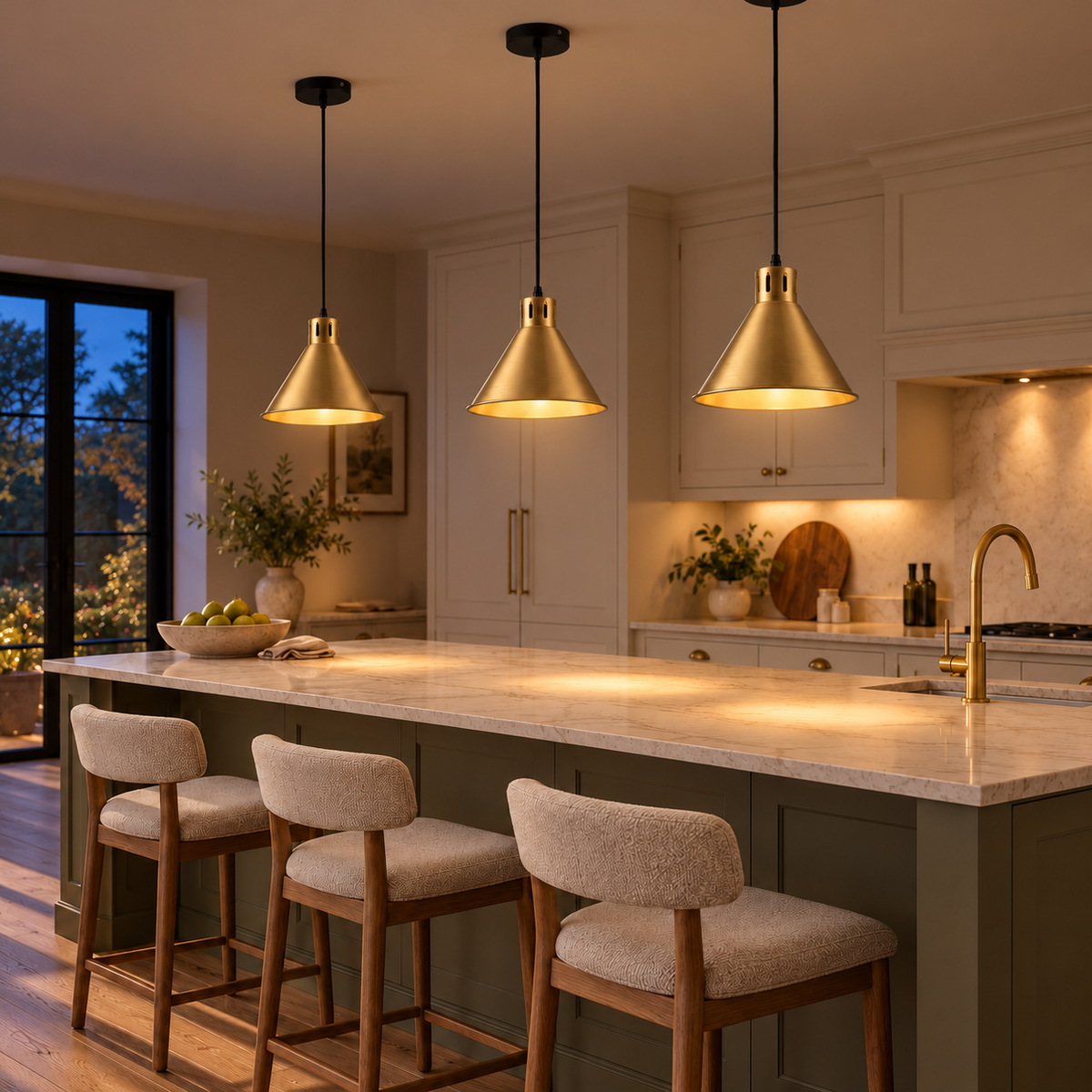 Three Faro brushed brass pendant lights casting warm light onto a pale stone worktop above an olive kitchen island at dusk.