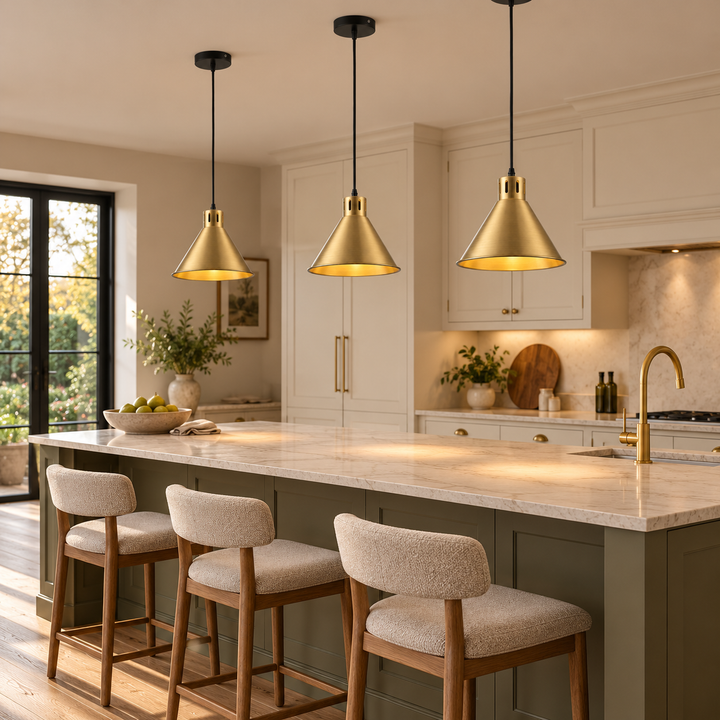 Three Faro brushed brass pendant lights above an olive kitchen island with a pale stone worktop and upholstered stools.