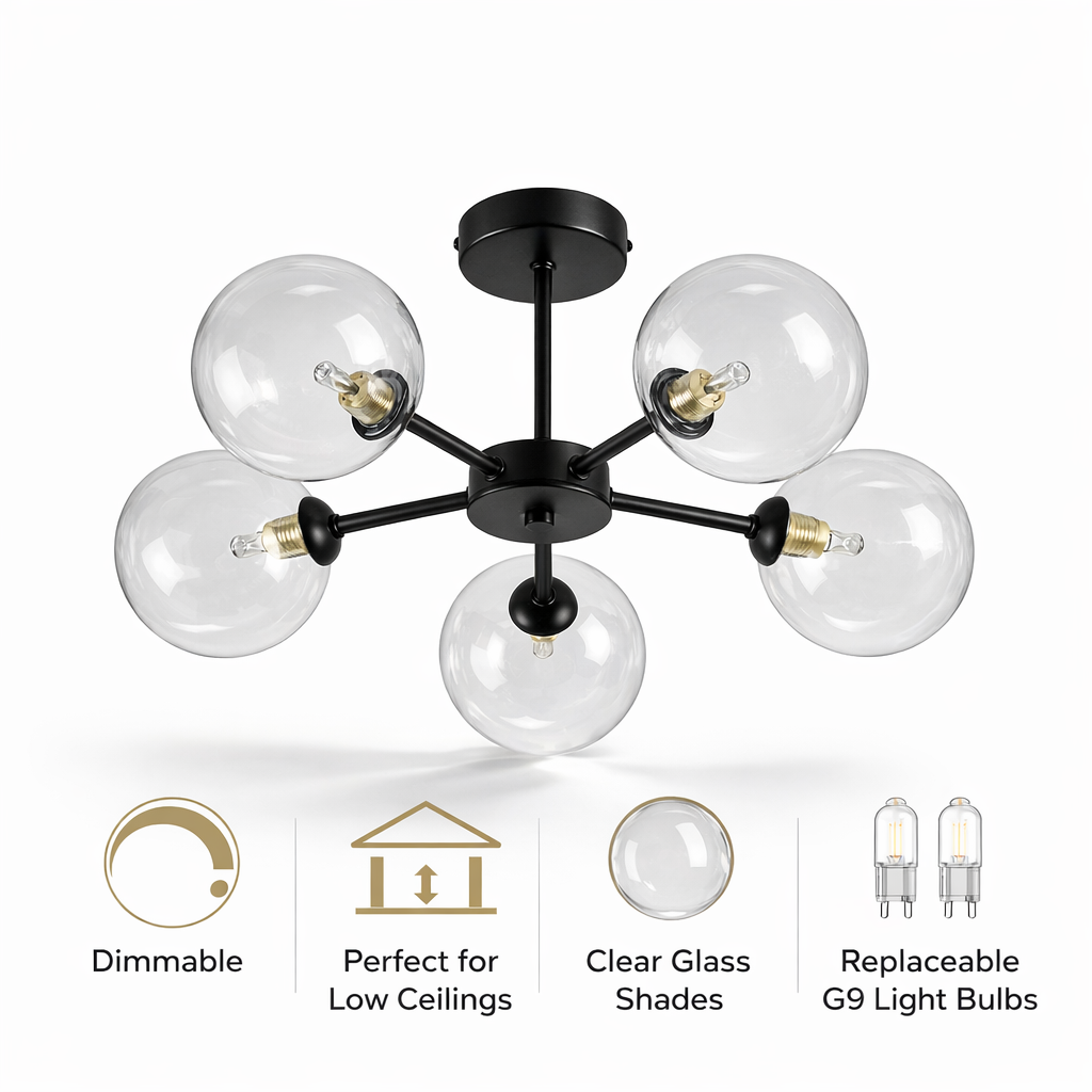 Fenland 5 light black glass ceiling light features