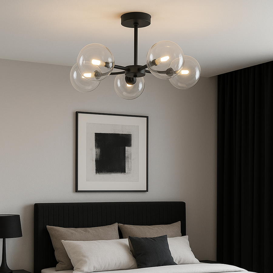 Modern bedroom with Fenland 5 light semi-flush ceiling light in black, featuring clear glass globes and G9 bulbs.