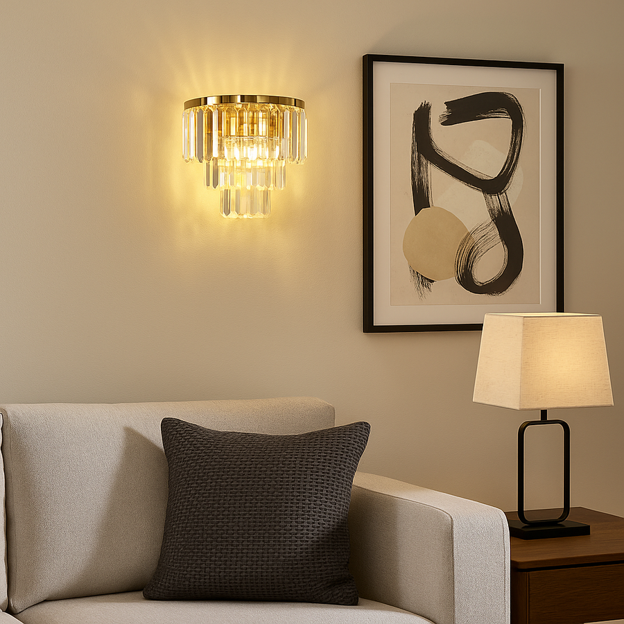 Fermo gold crystal wall light in a modern living room with sofa and artwork.